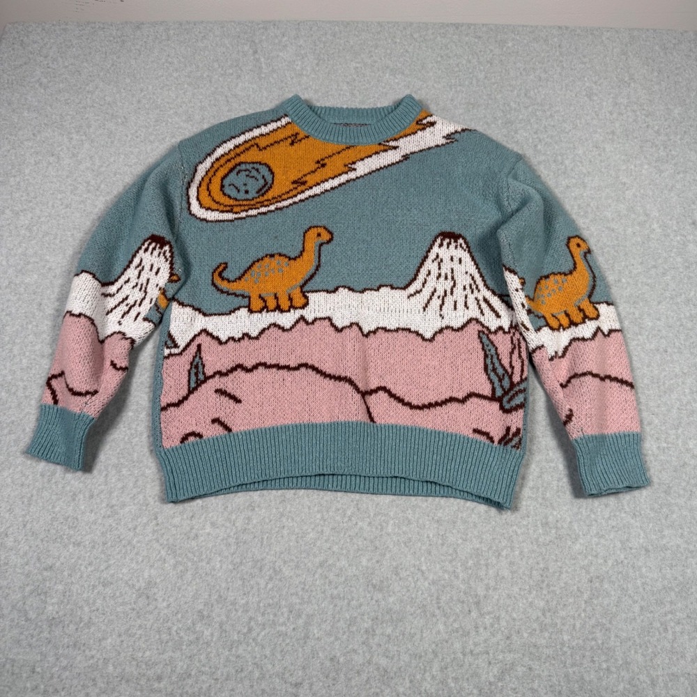 Dinosaur Landscape Knit Sweater Teal Pink Medium Graphic Comet Mountain Kidcore
